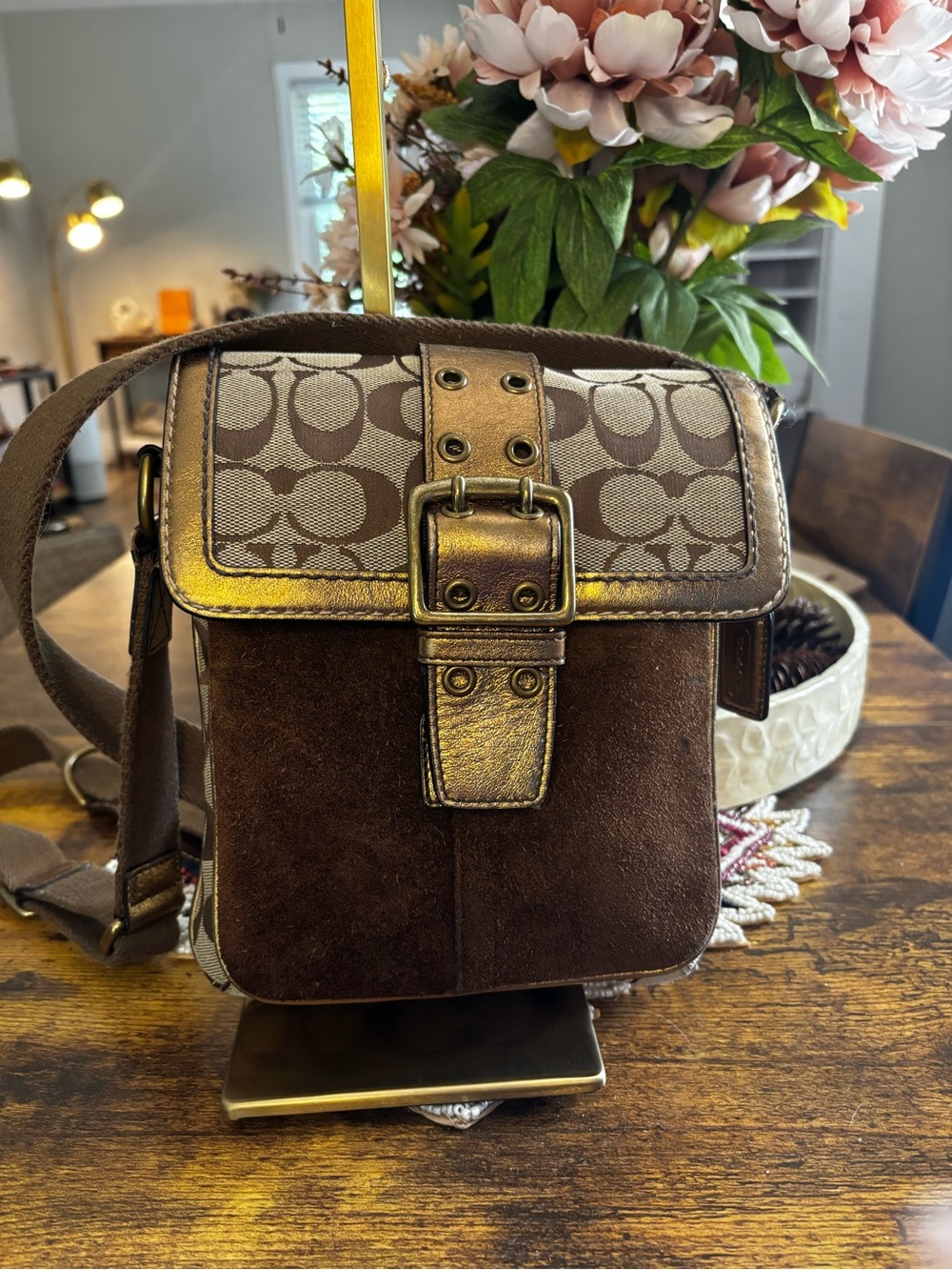 Coach Brown Monogram & Suede Crossbody with Metallic Bronze Trim